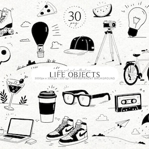 May include: Black and white line art illustrations of various objects, including roller skates, a pizza slice, a hot air balloon, a camera on a tripod, a bicycle, headphones, a key, a martini, a coffee cup, glasses, sneakers, and a laptop. The text "LIFE OBJECTS" is also present.