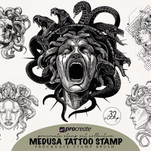 Puede incluir: Una colección de diseños de sellos de tatuajes de Medusa en blanco y negro. Los diseños incluyen la cara de Medusa con serpientes, una calavera y formas geométricas. El texto "MEDUSA TATTOO STAMP" también es visible.