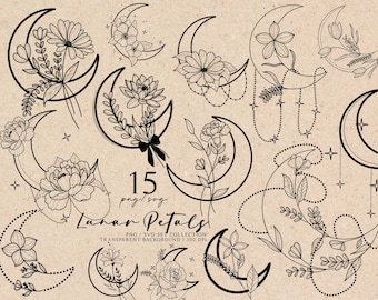 Maan en bloemen Png Svg bundel bloemen Tattoo Svg Fine Line Art Florals Svg Png minimalistische bloem Svg Png digitale download commercieel gebruik
