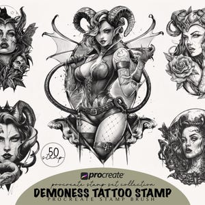 Könnte beinhalten: Eine Sammlung von schwarz-weißen digitalen Illustrationen mit Dämoninnen. Die Bilder zeigen detaillierte Porträts mit Hörnern, Flügeln, Schädeln und Schlangen. Der Text "DEMONESS TATTOO STAMP" ist sichtbar.