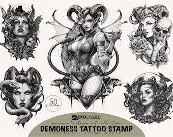Paquete de sellos Demon Tattoo Procreate, sellos de pincel, diseño de plantillas de tatuaje Procreate, pinceles de tatuaje Procreate, juego de sellos de tatuaje Procreate