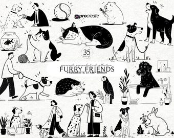 Conjunto de pinceles de sellos para Procreate "Amigos peludos" Ilustración minimalista de mascotas: perro, gato, arte lineal Descargas digitales Pinceles para Procreate