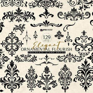 Può includere: Una collezione di 129 eleganti timbri floreali ornamentali neri per Procreate. I disegni includono vari motivi floreali e a volute, con il testo "Elegant Ornamental Flourish" e "129 stamps" visibili.