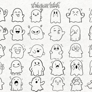 Peut inclure: Ensemble de 30 tampons Procreate repr&eacute;sentant des fant&ocirc;mes de dessins anim&eacute;s avec diverses expressions. Les fant&ocirc;mes sont dessin&eacute;s &agrave; l'encre noire sur fond blanc, exprimant des &eacute;motions telles que la joie, la tristesse et la col&egrave;re. Le texte "what is included? 30 Procreate stamps" est en haut.