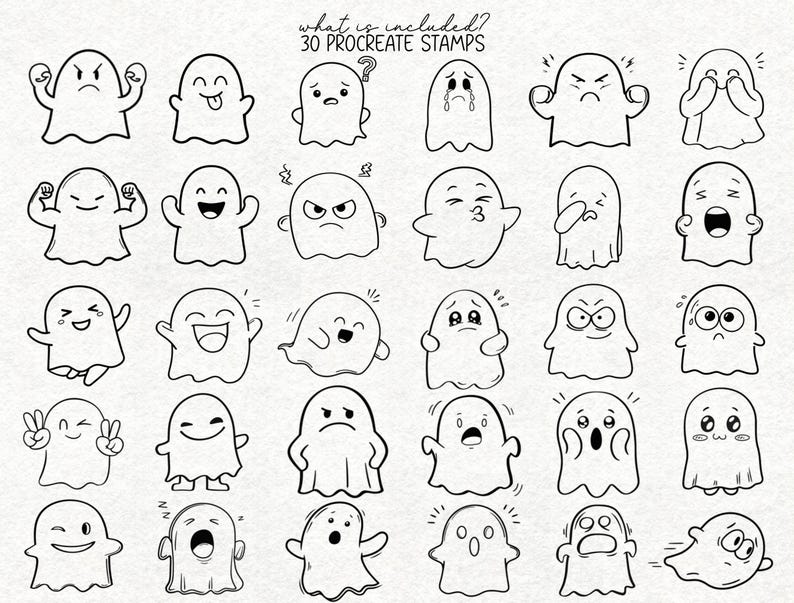 Peut inclure: Ensemble de 30 tampons Procreate repr&eacute;sentant des fant&ocirc;mes de dessins anim&eacute;s avec diverses expressions. Les fant&ocirc;mes sont dessin&eacute;s &agrave; l'encre noire sur fond blanc, exprimant des &eacute;motions telles que la joie, la tristesse et la col&egrave;re. Le texte "what is included? 30 Procreate stamps" est en haut.