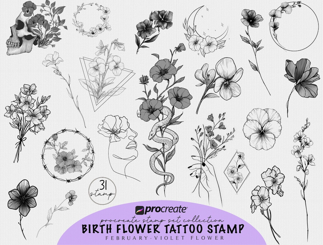 Violet Birth Flower Tattoo Design Procreate Stamp Brush Bundle ...