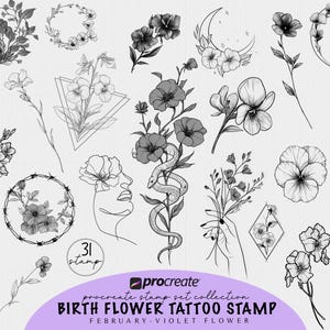 May include: A collection of 31 black and white floral tattoo stamp designs. Includes a skull with flowers, floral wreaths, a snake entwined with flowers, and a hand holding flowers. The text reads "Birth Flower Tattoo Stamp".