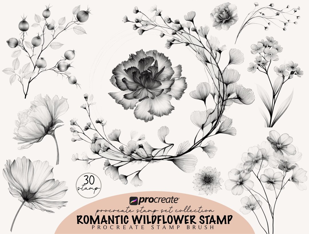 Wildflower Procreate Brushes: Fine Line Tattoo Botanical Stamps ...