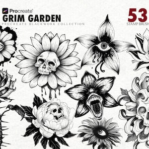 May include: Black and white digital art featuring floral designs with skulls and eyes. The text "Grim Garden" and "Procreate Blackwork Collection" are at the top left. The number "53 Stamp Brush" is at the top right.
