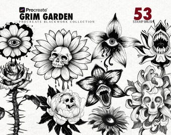 Dark Gothic Flower Procreate-tatoeageborstels - Blackwork Stam Set voor iPad Procreate-borstelset voor tatoeëerders Tattoo Flash-ontwerp