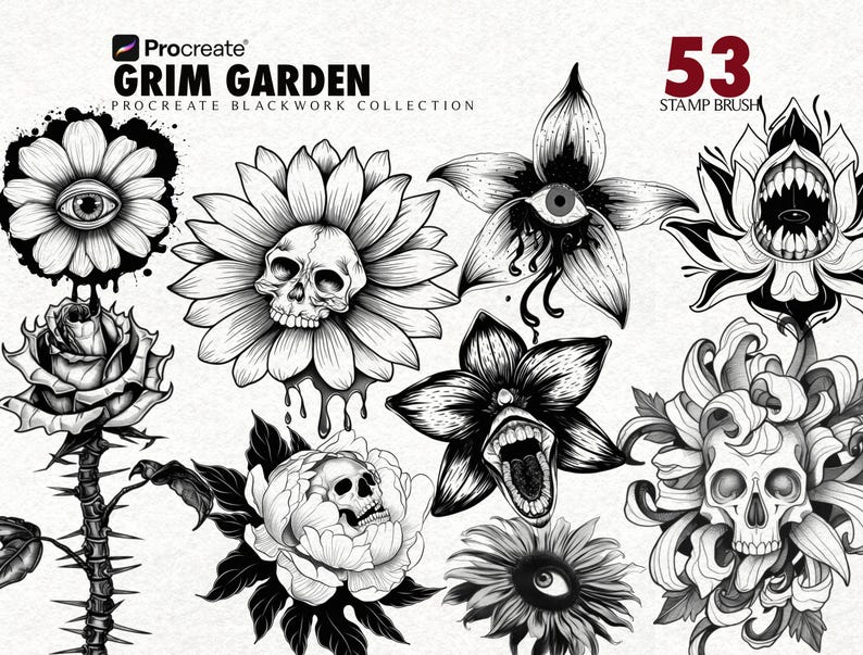 Dark Gothic Flower Procreate Tattoo Brushes- Blackwork Stam Set for ...