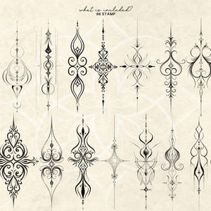May include: A collection of 16 black ornamental designs, each with intricate, symmetrical patterns. The designs vary in shape, including elongated vertical elements, crosses, and stylized floral motifs. The image has a neutral, off-white background.
