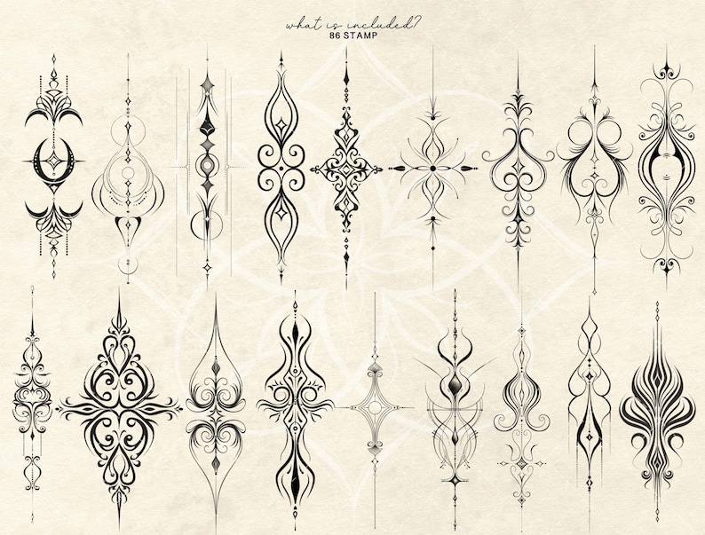 May include: A collection of 16 black ornamental designs, each with intricate, symmetrical patterns. The designs vary in shape, including elongated vertical elements, crosses, and stylized floral motifs. The image has a neutral, off-white background.