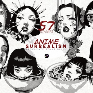 May include: A digital art print showcasing several black and white illustrations of surreal anime-style female faces. The artwork includes the text "57 STAMPS" and "ANIME SURREALISM PROCREATE STAMP BRUSH".