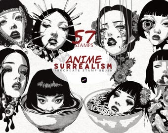 Surreal Anime Tattoo Stamps for Procreate, Procreate Stamps Anime, Digital Flash Tattoo Procreate Brush Set Bundle, Artistic Tattoo Flash