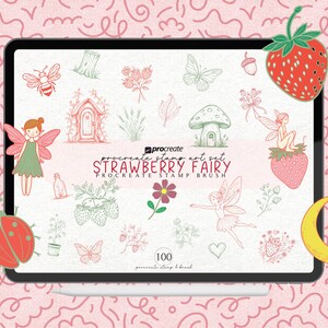 Könnte beinhalten: Ein digitales Tablet zeigt eine Sammlung skurriler Illustrationen, darunter Feen, Erdbeeren und Pilze. Der Text "Strawberry Fairy Procreate Stamp Brush" ist sichtbar. Ein Stift liegt darunter, und dekorative Elemente umgeben den Bildschirm.