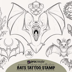 May include: A collection of bat illustrations in black and white, including bats with open mouths, bats with crowns, and bats hanging upside down. The text "BATS TATTOO STAMP" is displayed below the illustrations.