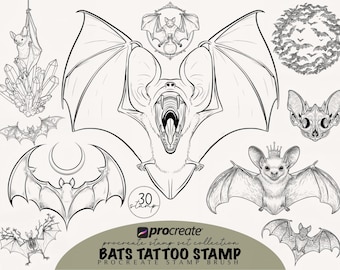 Fladdermustatuering Procreate stämpelpenselpaket Halloween-tatueringar digitala procreate-penselpaket tatueringsschabloner design Procreate-tatueringsstämpelset