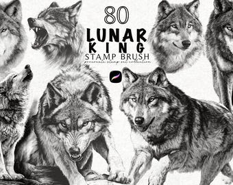 Puede incluir: Ilustraciones en escala de grises de lobos en varias poses. La imagen incluye el texto "80 LUNAR KING STAMP BRUSH" y el logotipo de Procreate. Los lobos se representan con detalles de pelaje y expresiones, incluyendo gruñidos y aullidos.