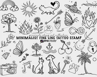 Paquete de sellos de tatuaje de línea fina minimalistas, sellos de pincel, diseño de plantilla de tatuaje Procreate, diseño de tatuaje Procreate, pincel, uso comercial Procreate
