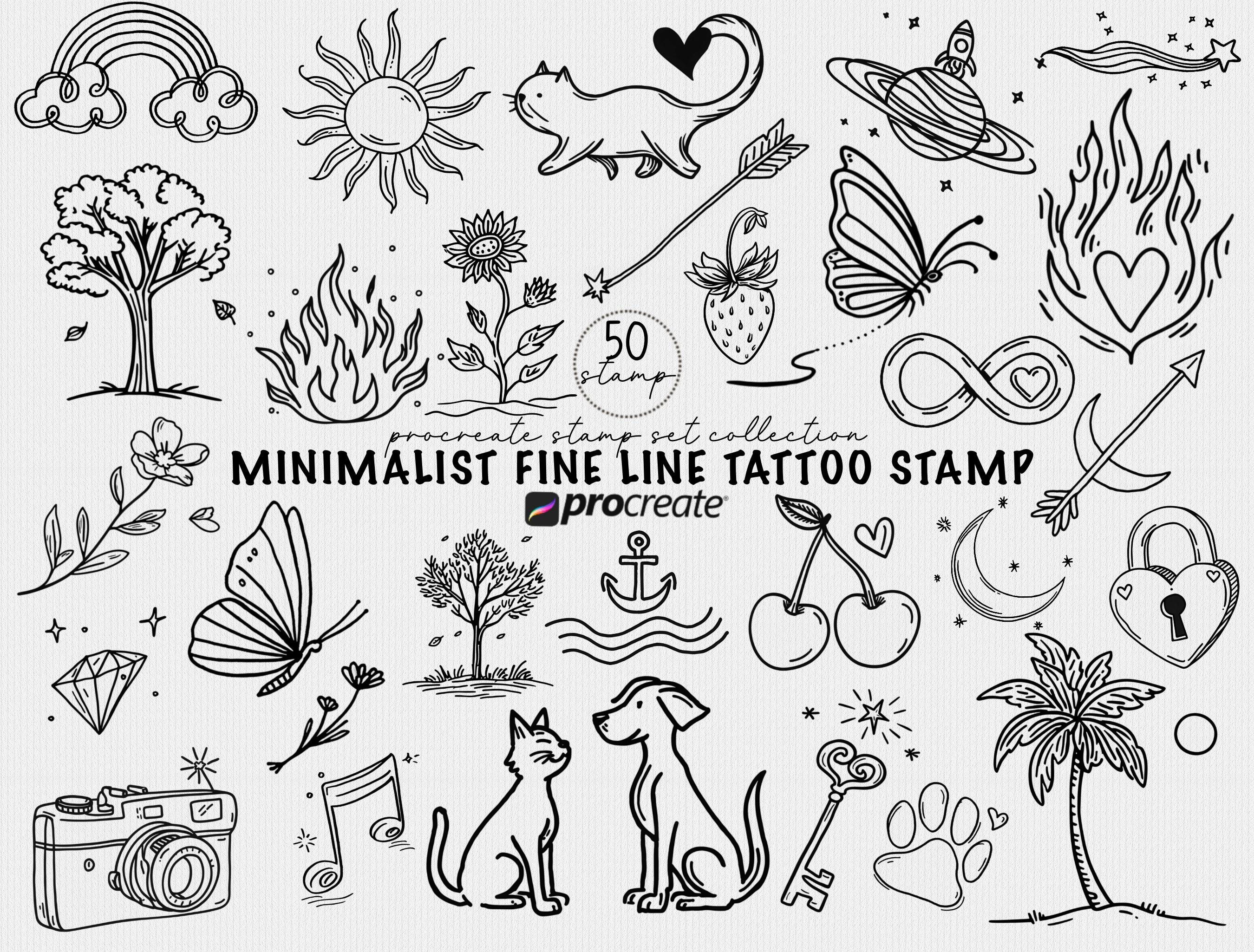 Minimalist Fine Line Tattoo Stamp Bundle Brush Stamps Procreate Tattoo ...