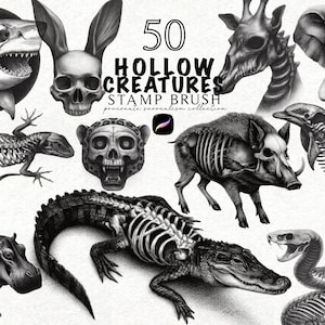 May include: A grayscale illustration featuring various animal skeletons, including a shark, rabbit, giraffe, and crocodile. The image includes the text "50 HOLLOW CREATURES STAMP BRUSH" in a bold font, suggesting a digital art collection or brush set.