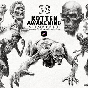 May include: A digital collection of 58 black and white illustrations featuring various zombie figures, including a nurse, a running zombie, and a crawling creature, with the text 58 ROTTEN AWAKENING STAMP BRUSH procreate stamp set collection.