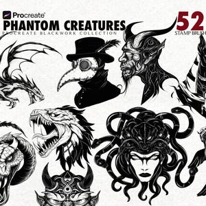 May include: Black and white digital illustrations of various phantom creatures, including a dragon, a plague doctor, a demon, and Medusa. The text reads "Procreate Phantom Creatures Blackwork Collection" and "52 Stamp Brush."