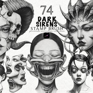 May include: A set of 74 dark siren stamp brushes for Procreate, showcasing detailed black and white illustrations of surreal faces with diverse expressions and elements such as skulls, horns, and multiple eyes. The text "74 DARK SIRENS STAMP BRUSH" is visible.