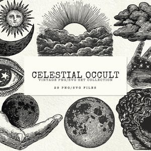 ビンテージ天体 PNG SVG バンドル 月 太陽 星 クリップアート オカルト クリップアート アンティーク彫刻 ゴシック ジャンクジャーナル Cricut 商用利用 ダウンロード