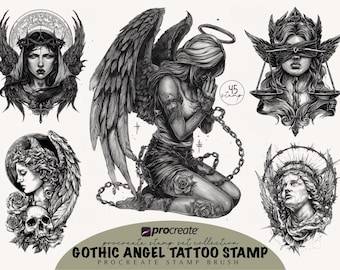 Gothic Engel Tattoo Procreate Stempel: Dunkel Mystisch Pinsel Set (Digitaler Download)