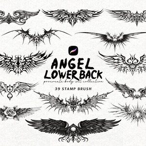 May include: A collection of 39 black and white digital stamp brush designs featuring various symmetrical wing motifs and decorative patterns. The central text reads ANGEL LOWER BACK procreate body set collection 39 STAMP BRUSH with a Procreate icon.