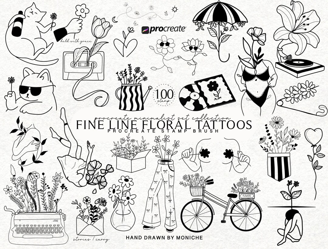 Fine Line Floral Tattoo Procreate Stamp Brush Set Botanical Ink Drawing ...