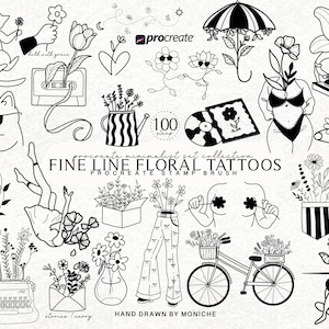 Peut inclure: Une collection de tatouages floraux en trait fin de style minimaliste. Les illustrations en noir et blanc comprennent des fleurs, des chats, un vélo, une cassette et d'autres éléments botaniques. Le texte indique "FINE LINE FLORAL TATTOOS PROCREATE STAMP BRUSH".