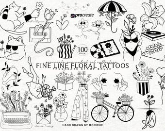 Fijne lijn bloementattoo Voortplanten stempelborstelset Botanische inkttekening Voortplantingsborstels Minimalistische lijn Flash Tattoo Stencil