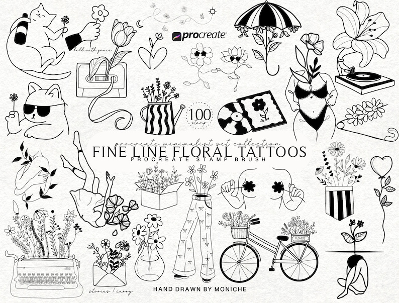 Fine Line Floral Tattoo Procreate Stamp Brush Set Botanical Ink Drawing ...