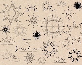 Sun Tattoo Procreate Brush Stamp Minimalist Fine Line Tattoo Stempelborstel Vrouwelijke Tattoo Flash Vellen Sun Line Art Procreate Brush