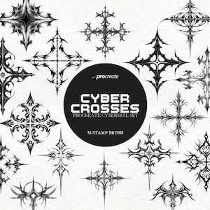 Può includere: Una collezione di illustrazioni digitali nere che presentano vari disegni di croci intricati con bordi affilati e appuntiti. Un cerchio nero centrale contiene il testo bianco Procreate CYBER CROSSES PROCREATE CYBERSIGIL SET 32 STAMP BRUSH.