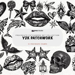Y2K Tattoo Stamps Procreate Tattoo Brush Cyber Y2K Tattoo Flash Patchwork Tattoo Procreate Stamp Brush Tattoo Stencil Designs