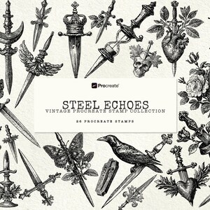May include: A digital collection of 26 black and white Procreate stamps titled Steel Echoes Vintage Procreate Stamp Collection. The set features detailed illustrations of various daggers, swords, hearts, roses, a raven, a butterfly, and a skull.