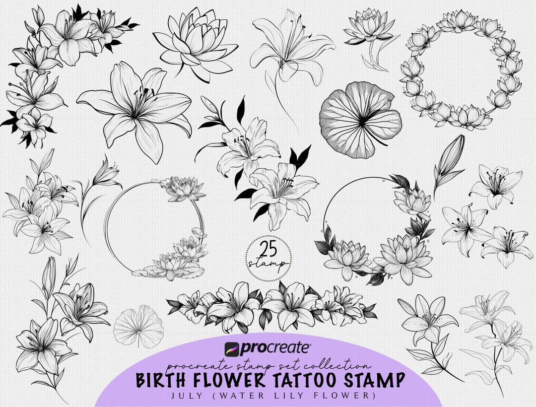 July Birth Flower Tattoo Stamps: Water Lily Procreate Brush Set ...