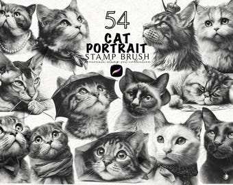 Kattenportret Realistisch voortplantenstempel, digitale portretstempels, kattengezicht borstelstempel, voortplanten ontwerp, realistisch tattoo-ontwerp
