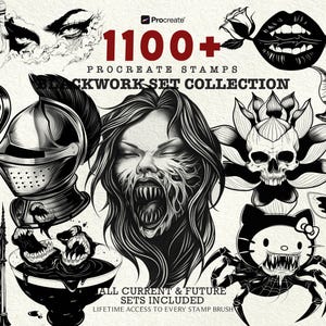 May include: A collection of over 1100 Procreate stamps, featuring various black and white illustrations. The set includes a variety of gothic, horror, and whimsical designs, such as a skull, a spider, and a giraffe. Text on the image reads "1100+ Procreate Stamps".