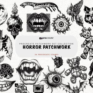 Peut inclure: Une collection d'illustrations numériques en noir et blanc sur le thème de l'horreur, incluant un crâne, un couteau, un lapin cousu, un ours en peluche, un squelette de corbeau, une lune et des bouches à crocs. Le texte indique PROCREATE PATCHWORK SET COLLECTION HORROR PATCHWORK 34 PROCREATE STAMPS.