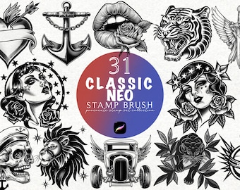 American Traditional Tattoos Flash Procreate Stamp Brush Set Old School Tattoo Art Design Bundle Procreate Tattoo Brush Set Digital Download