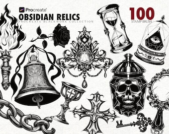 Gotische penselen Procreate Tattoo Stempelborstel Dark Relic Skull Cross Rose Flash Design voor Procreate iPad Tattooartiesten Digitale download