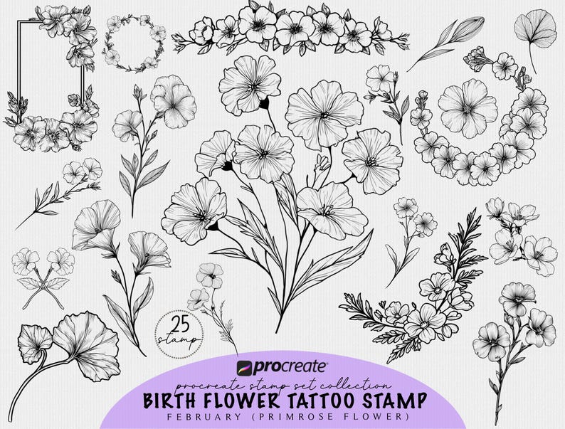 February Birth Month Flower Tattoo Designs for Procreate Tattoo Stamp ...