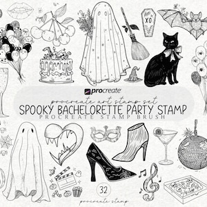 Op de afbeelding: Een zwart-wit illustratie van een "Spooky Bachelorette Party Stamp" set. De set bevat verschillende Halloween-thema elementen zoals een zwarte kat, ballonnen, een spook, een heksenhoed en een high-heeled schoen.