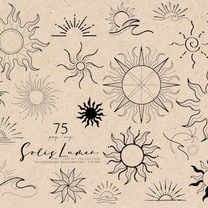 May include: A set of 75 sun-themed PNG and SVG graphics, featuring diverse designs such as radiating lines, stylized flames, and geometric patterns. The image includes the text "Solis Lumen" and the description "PNG / SVG SET COLLECTION TRANSPARENT BACKGROUND 300 DPI".