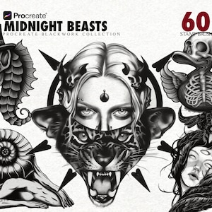 Peut inclure: Une collection d'art numérique avec des illustrations en noir et blanc. L'image comprend un hippocampe avec un masque de médecin de la peste, un visage de femme avec un masque de jaguar et un canard crâne avec des ailes. Le texte indique "Midnight Beasts" et "60 Stamp Brush."